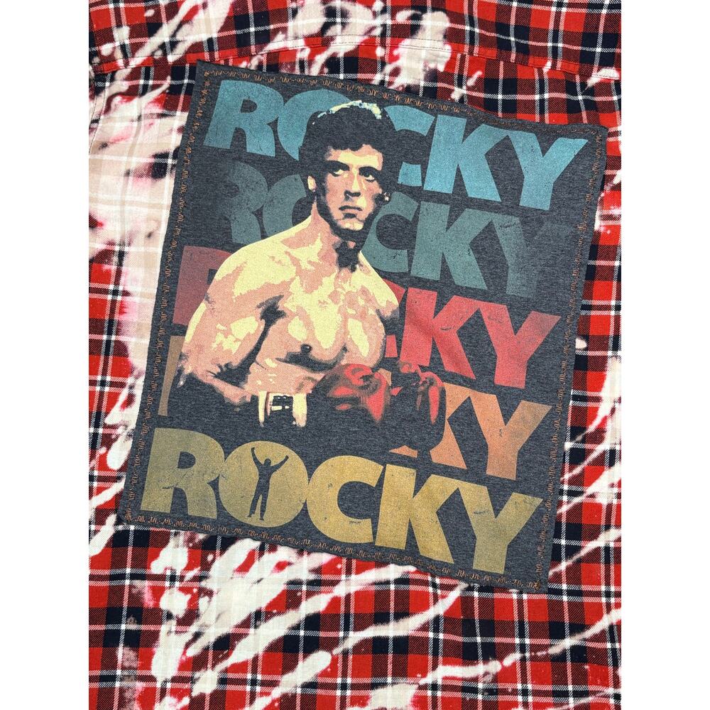 Upcycled Rocky Movie Distressed Long Sleeve Flannel Shirt Men's Large Red Boxing - Picture 4 of 7